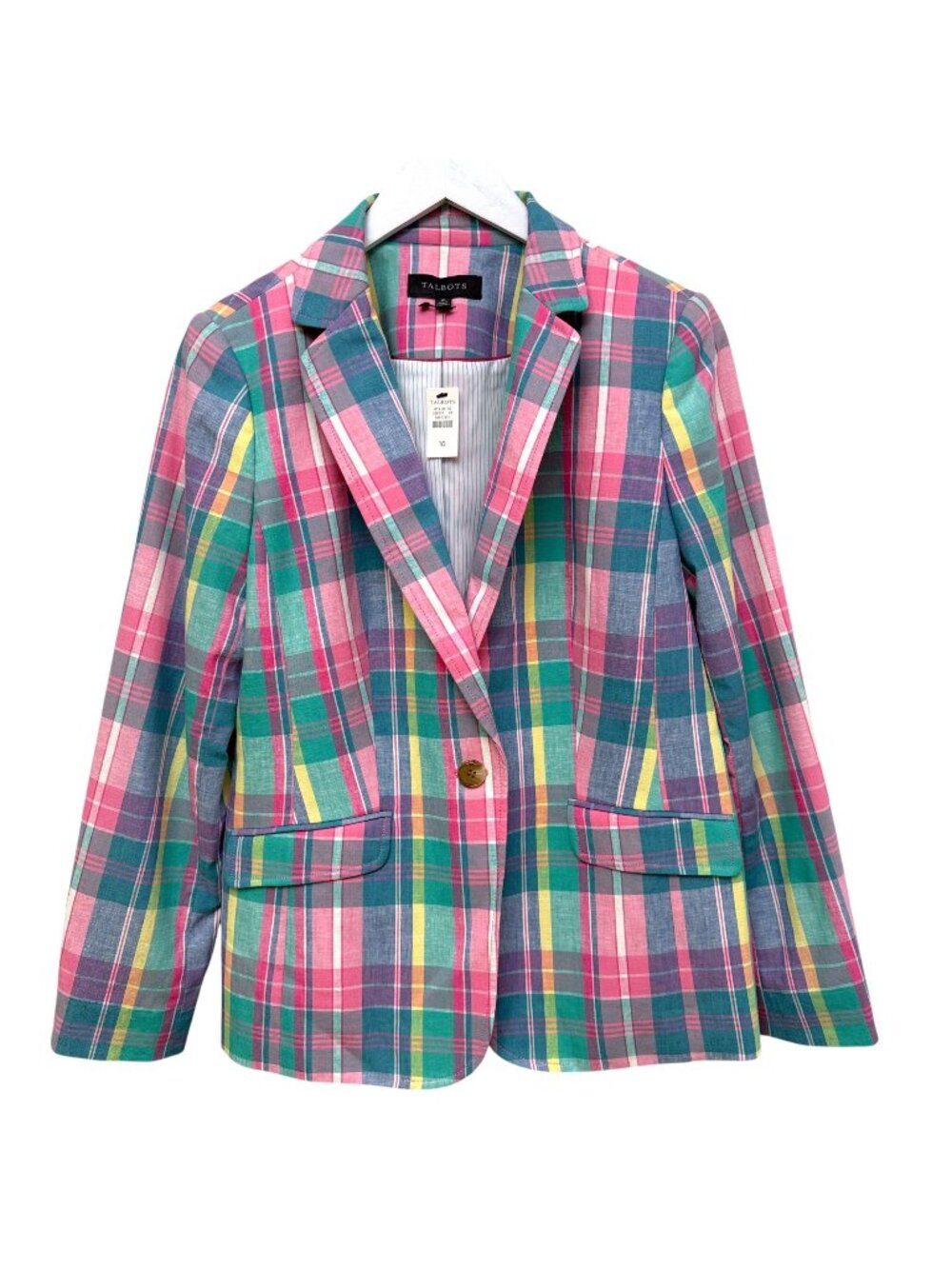 Talbots Plaid Blazer Size 10 Preppy Pink Madras Jacket Linen Cotton NWT